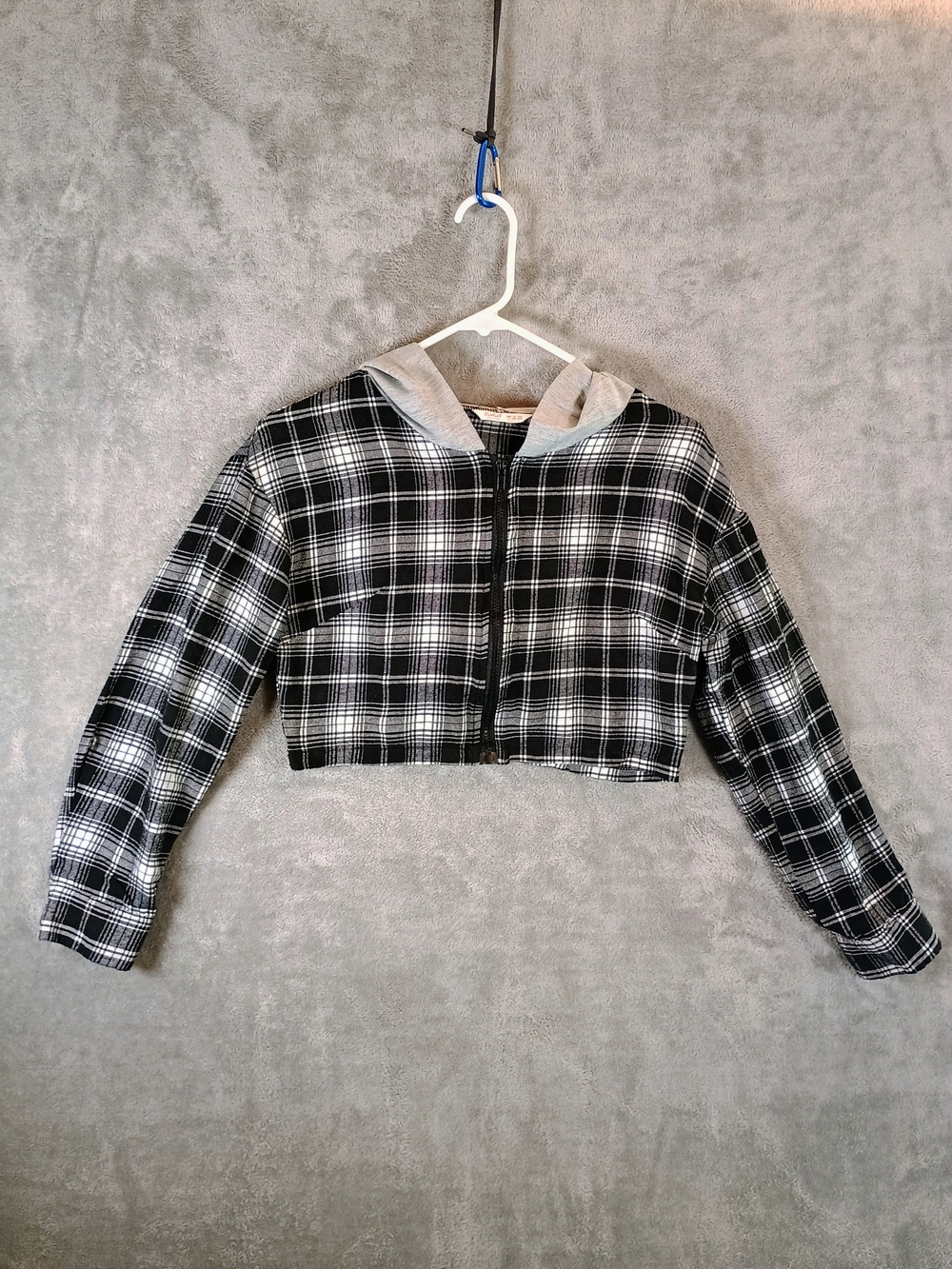 ROMWE Black and White Plaid Zip-Up Hoodie